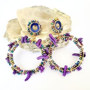 Purple Coral & Multi-Color Faceted Glass Bead,Hoop/Dangle Earrings in Goldtone